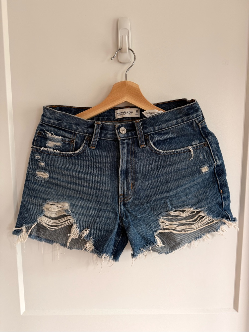 Abercrombie High-Rise Distressed Denim Shorts - Dark Blue Size 0/25